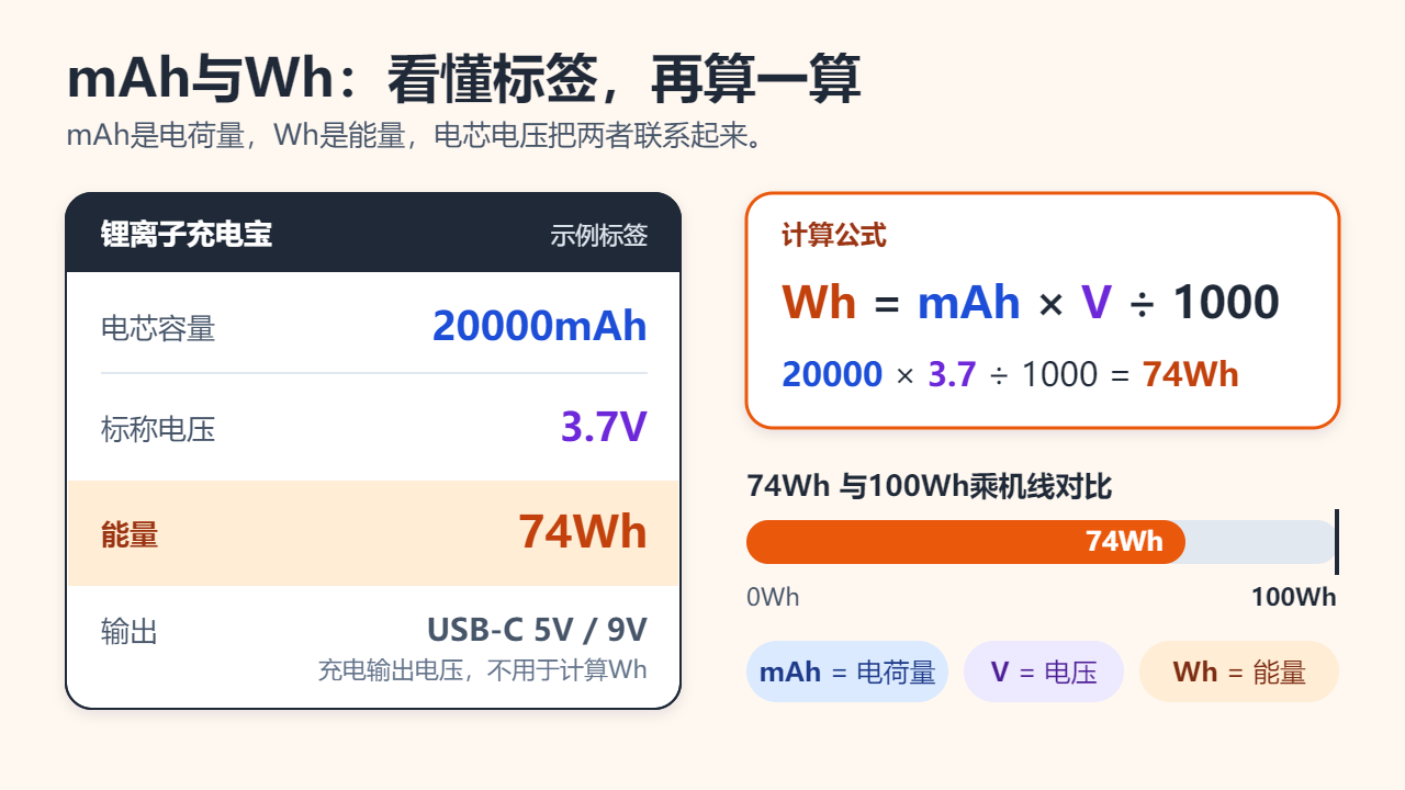 充电宝示例标签：20000mAh、3.7V、74Wh，旁边是公式 Wh = mAh × V ÷ 1000，以及把74Wh与100Wh乘机线相比较的刻度条