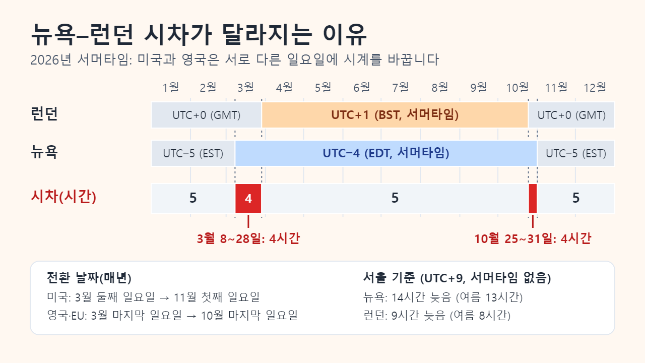 2026년 타임라인: 런던은 UTC+0이다가 3월 29일부터 10월 25일까지 UTC+1, 뉴욕은 UTC−5이다가 3월 8일부터 11월 1일까지 UTC−4이며, 두 도시의 시차는 3월 8~28일과 10월 25~31일에만 4시간이고 나머지 기간에는 5시간