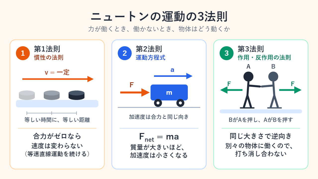 3つの場面を並べた図：合力ゼロで等速のまま氷の上を滑るパック、合力と同じ向きに加速する台車、大きさが等しく向きが反対の力で押し合って離れる2人のスケーター
