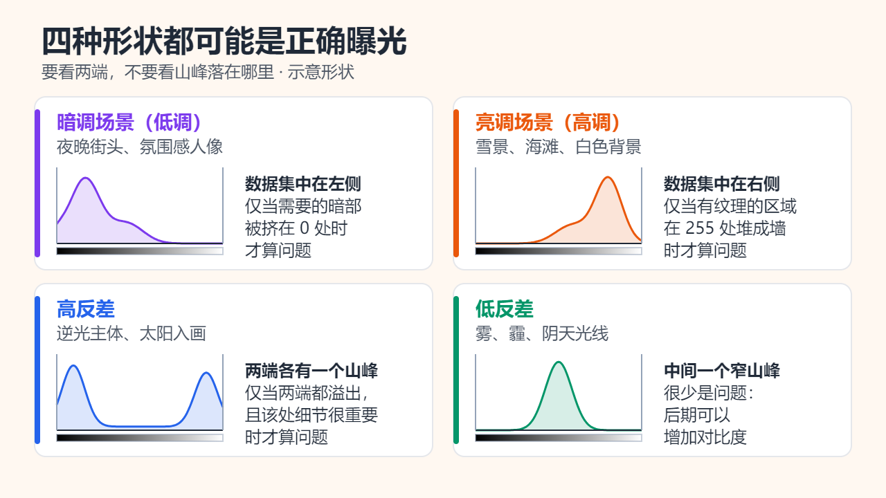 四张小直方图：暗调（低调）场景的数据集中在左侧，亮调（高调）场景的数据集中在右侧，高反差场景在两端各有一个山峰，低反差的雾天场景只在中间有一个窄山峰。