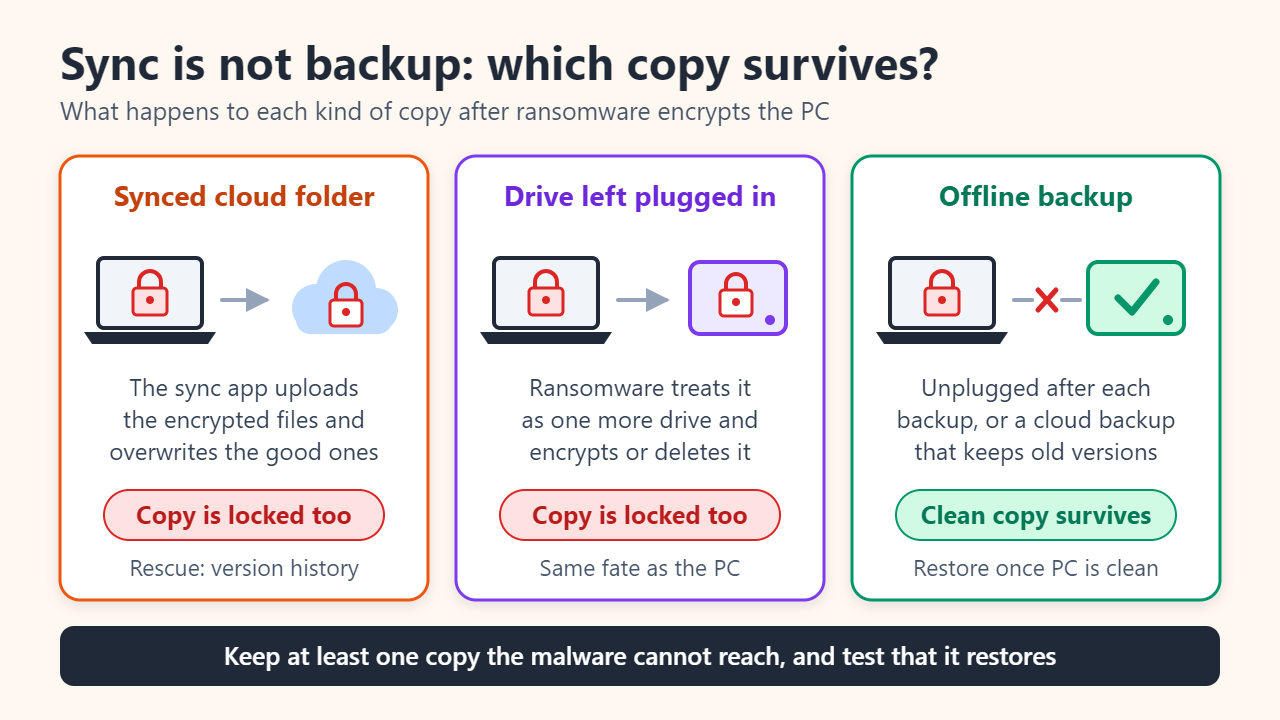 Three cards comparing what happens to a synced cloud folder, a backup drive left plugged in, and an offline backup when ransomware encrypts a PC; only the offline backup keeps a clean copy