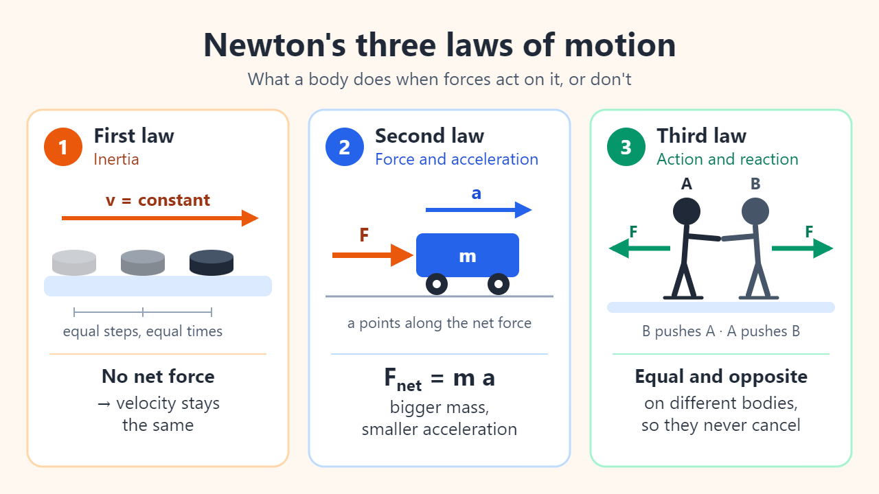 Three-panel diagram: a hockey puck gliding at constant velocity with no net force, a cart accelerating in the direction of the net force, and two skaters pushing apart with equal and opposite forces