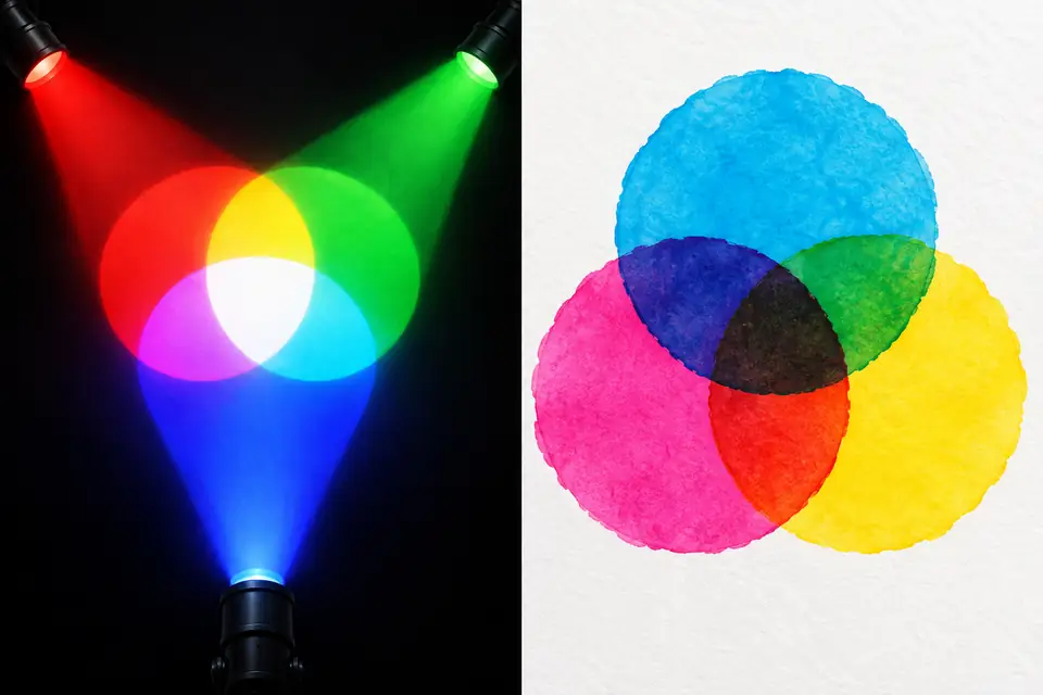 화면의 파란색이 인쇄에서 달라지는 이유: RGB·CMYK와 색상 프로파일 — 핵심 차이를 살펴보는 설명 그림