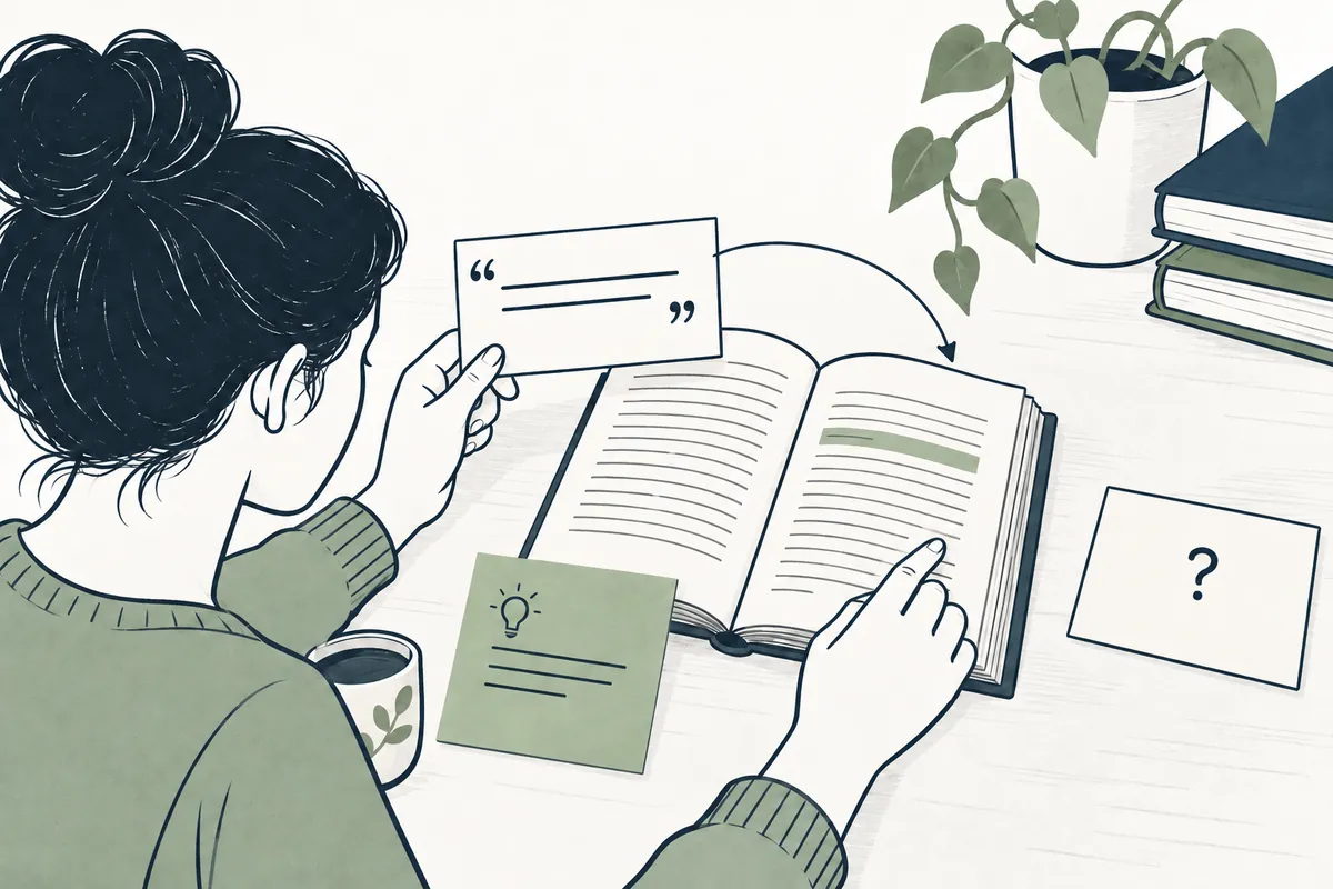Claude로 독서 노트 만들기: 인용과 내 해석을 구분 — 본문의 핵심 항목을 살펴보는 설명 그림