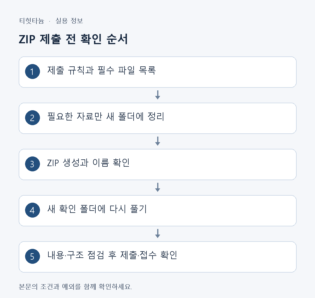 ZIP 제출 전 확인 순서: 제출 규칙과 필수 파일 목록 → 필요한 자료만 새 폴더에 정리 → ZIP 생성과 이름 확인 → 새 확인 폴더에 다시 풀기 → 내용·구조 점검 후 제출·접수 확인