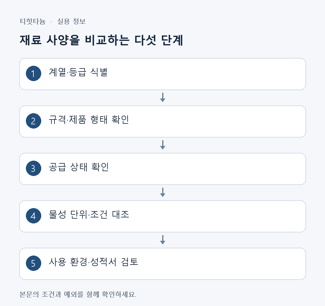 재료 사양을 비교하는 다섯 단계: 계열·등급 식별 → 규격·제품 형태 확인 → 공급 상태 확인 → 물성 단위·조건 대조 → 사용 환경·성적서 검토
